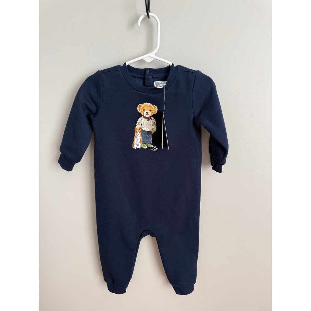 NWT Ralph Lauren Polo Bear 9mo Fleece Crewneck Coverall Navy